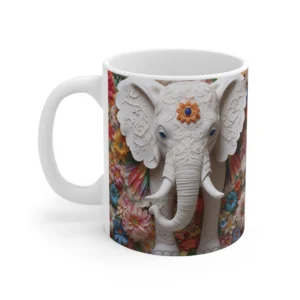 3D Image White Elephant Flowers Coffee Mug - 11oz