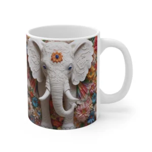 3D Image White Elephant Flowers Coffee Mug - 11oz