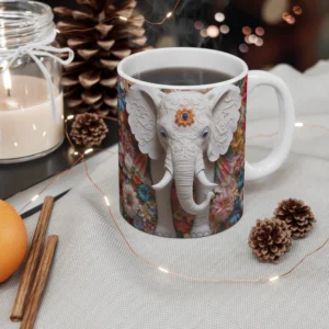 3D Image White Elephant Flowers Coffee Mug - 11oz